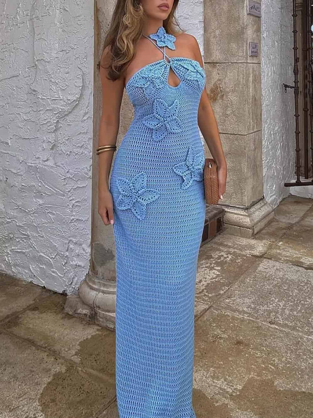 3D Flower Decor Halter Neck Bodycon Crochet Maxi Dresses - Image 4