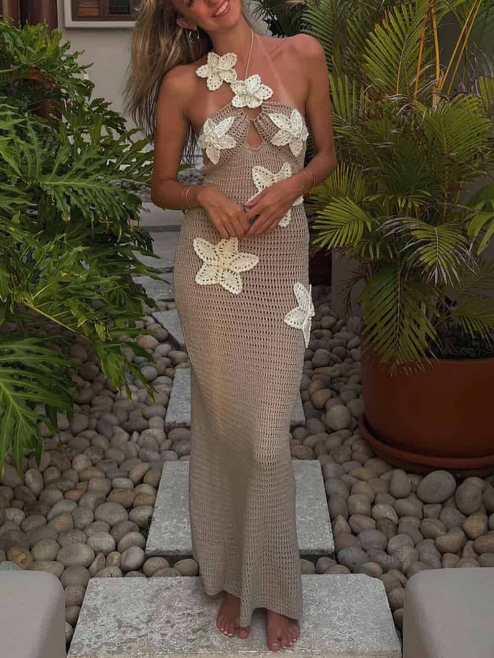 3D Flower Decor Halter Neck Bodycon Crochet Maxi Dresses - Image 5