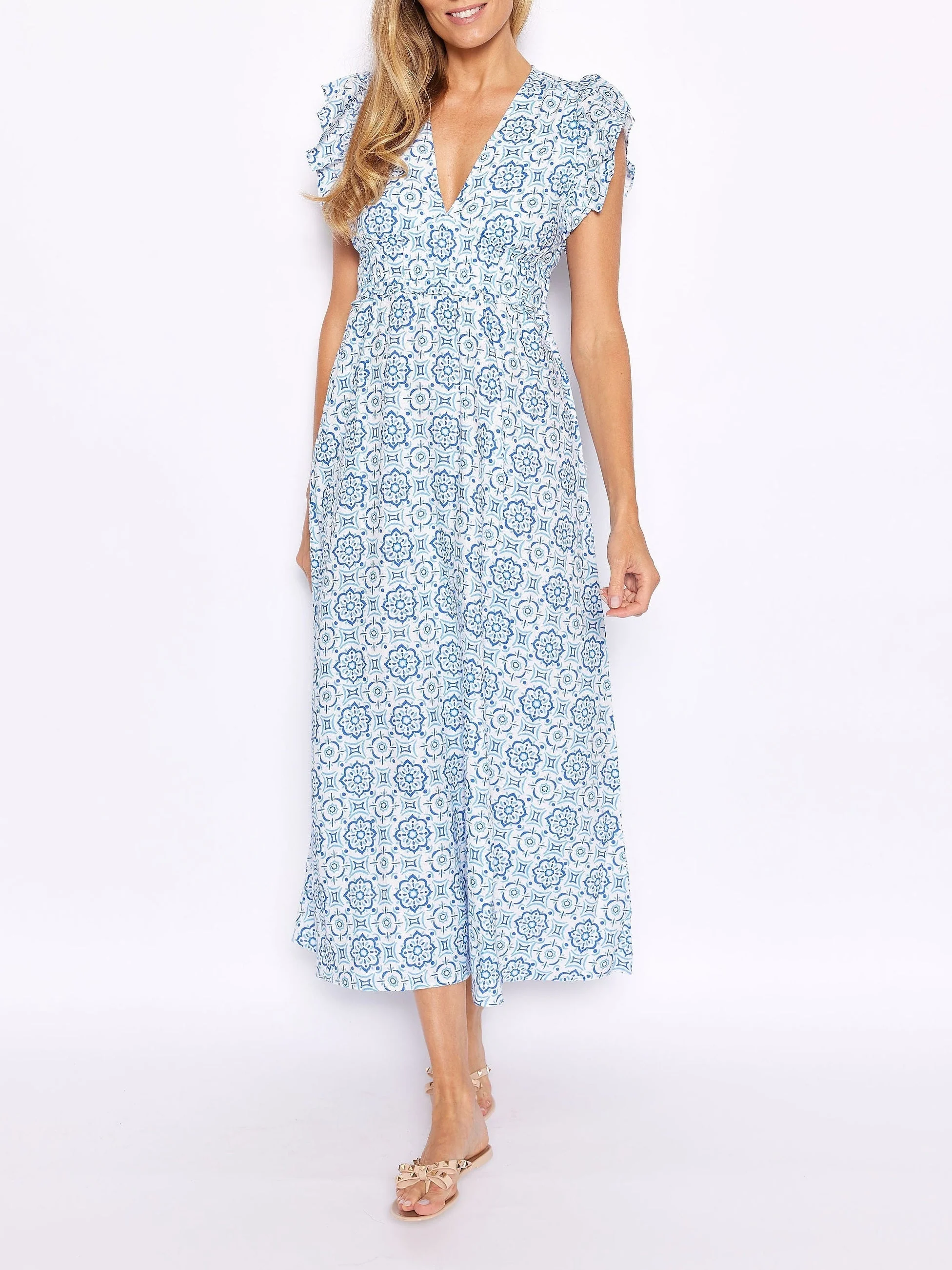 Blue Medallion V-Neck Flutter Sleeve Maxi Dress - Image 2