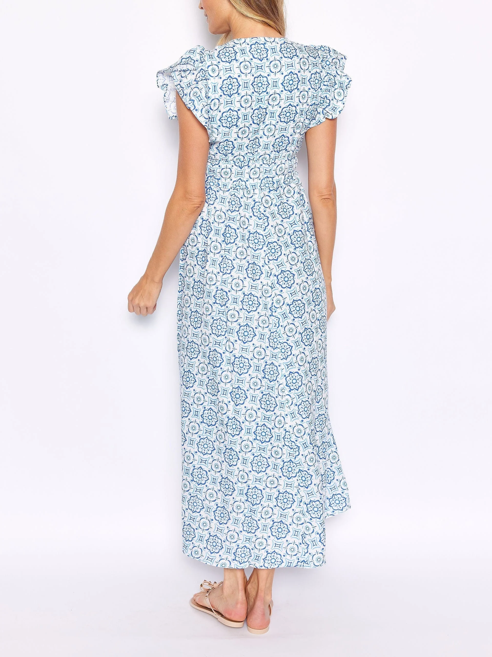 Blue Medallion V-Neck Flutter Sleeve Maxi Dress - Image 3