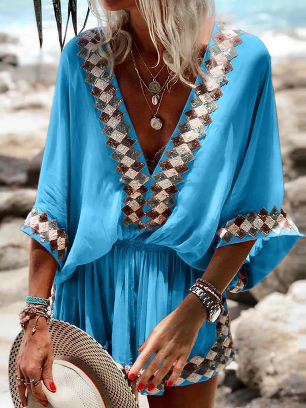 Bohemian Beach Print Kimono Romper - Image 2