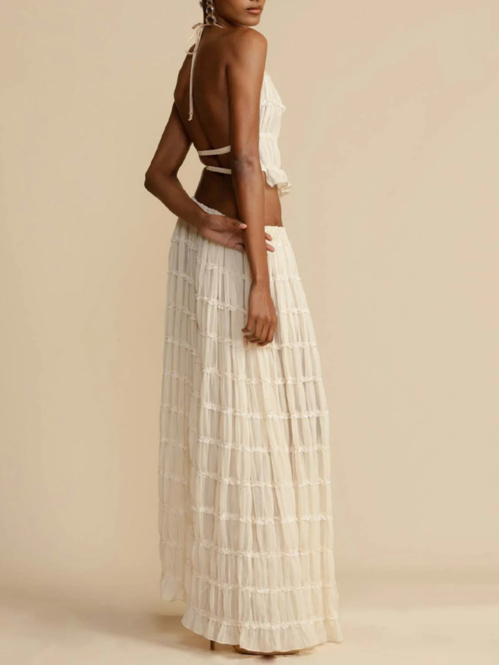 Pleated Drawstring Charm Waist Tiered Maxi Skirt - Image 2