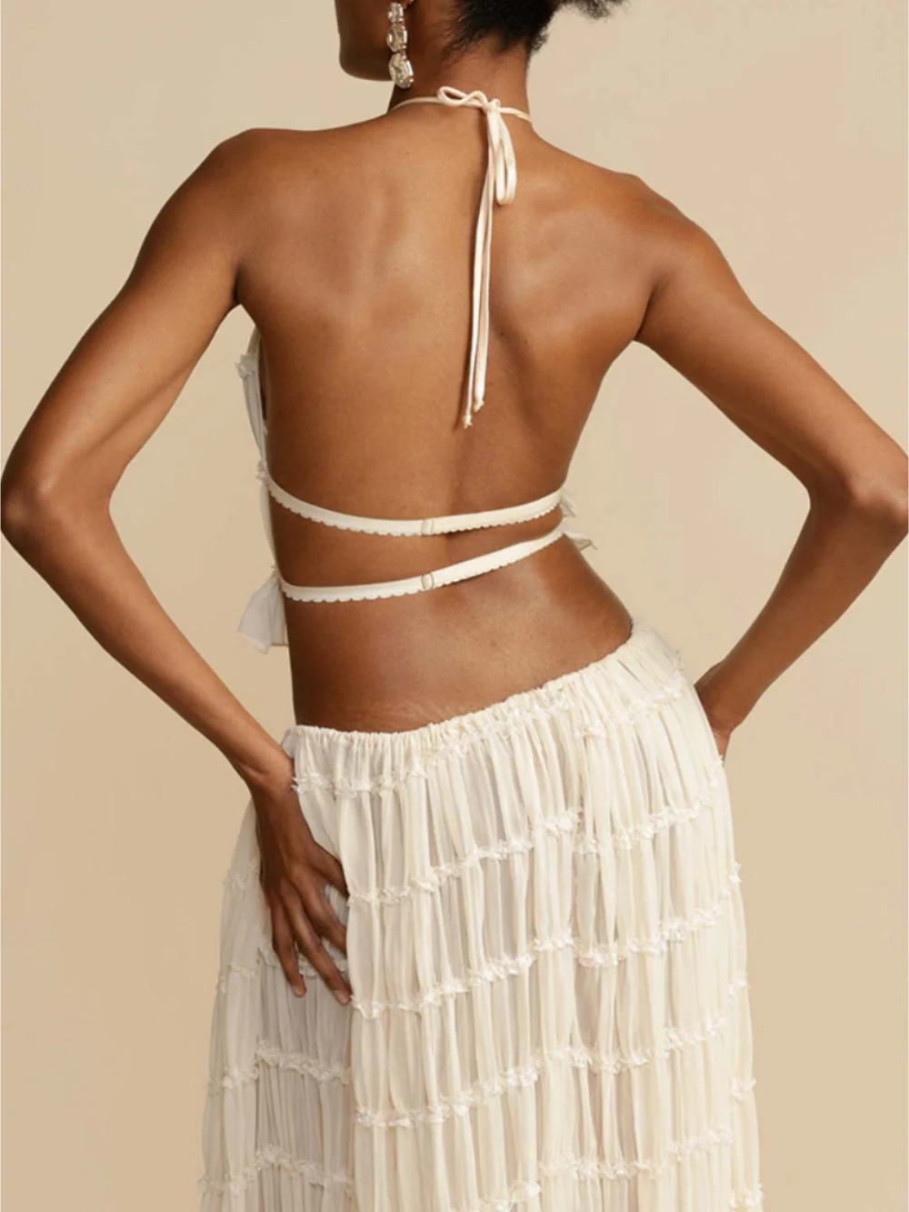 Pleated Drawstring Charm Waist Tiered Maxi Skirt - Image 3