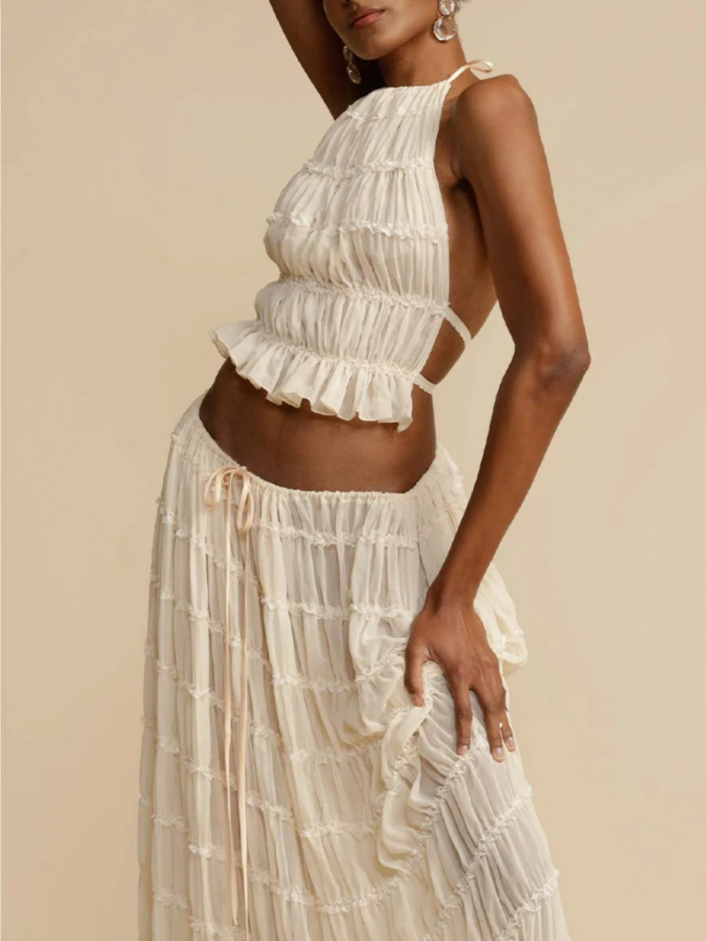 Pleated Drawstring Charm Waist Tiered Maxi Skirt - Image 4