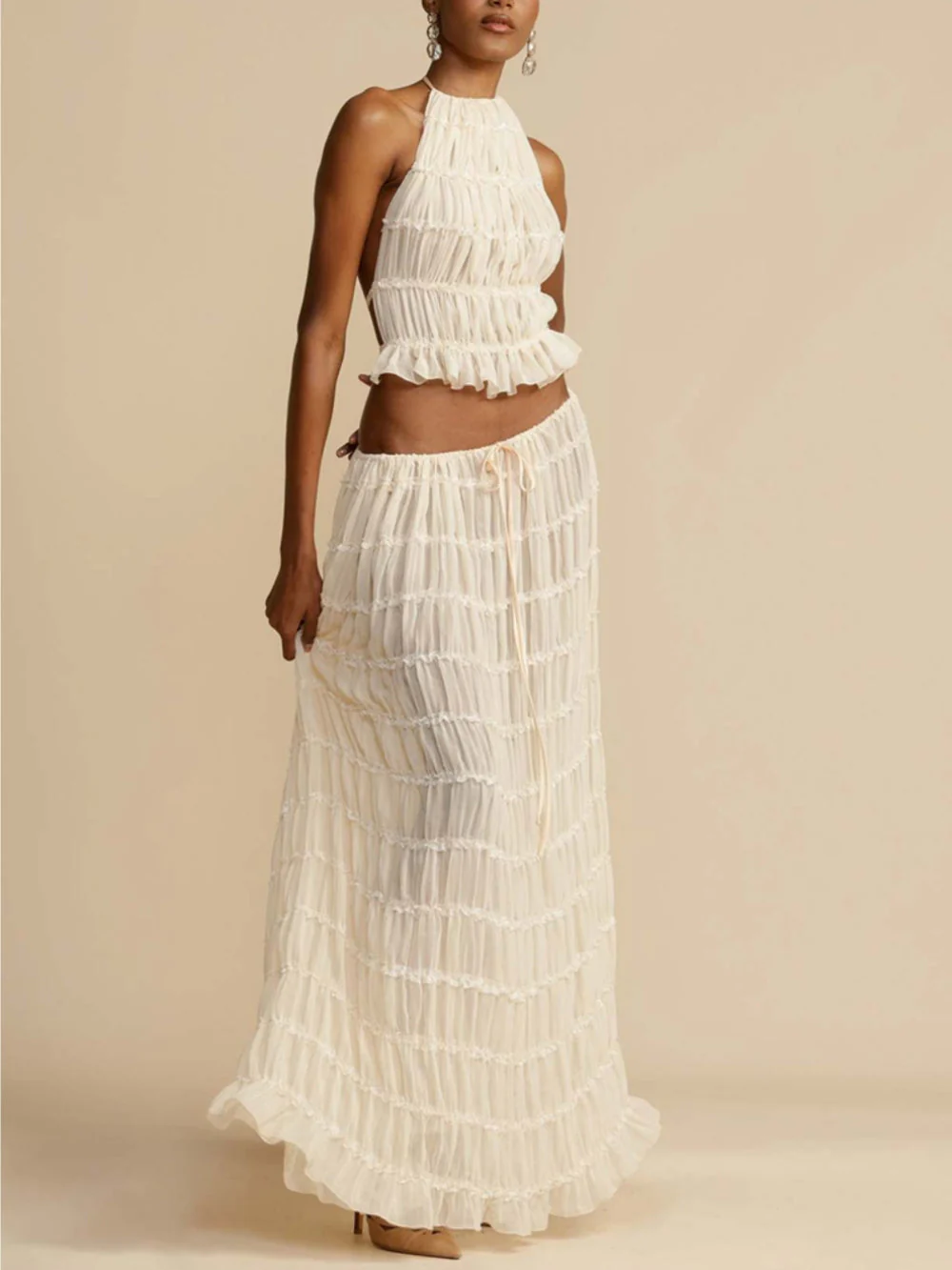 Pleated Drawstring Charm Waist Tiered Maxi Skirt - Image 5