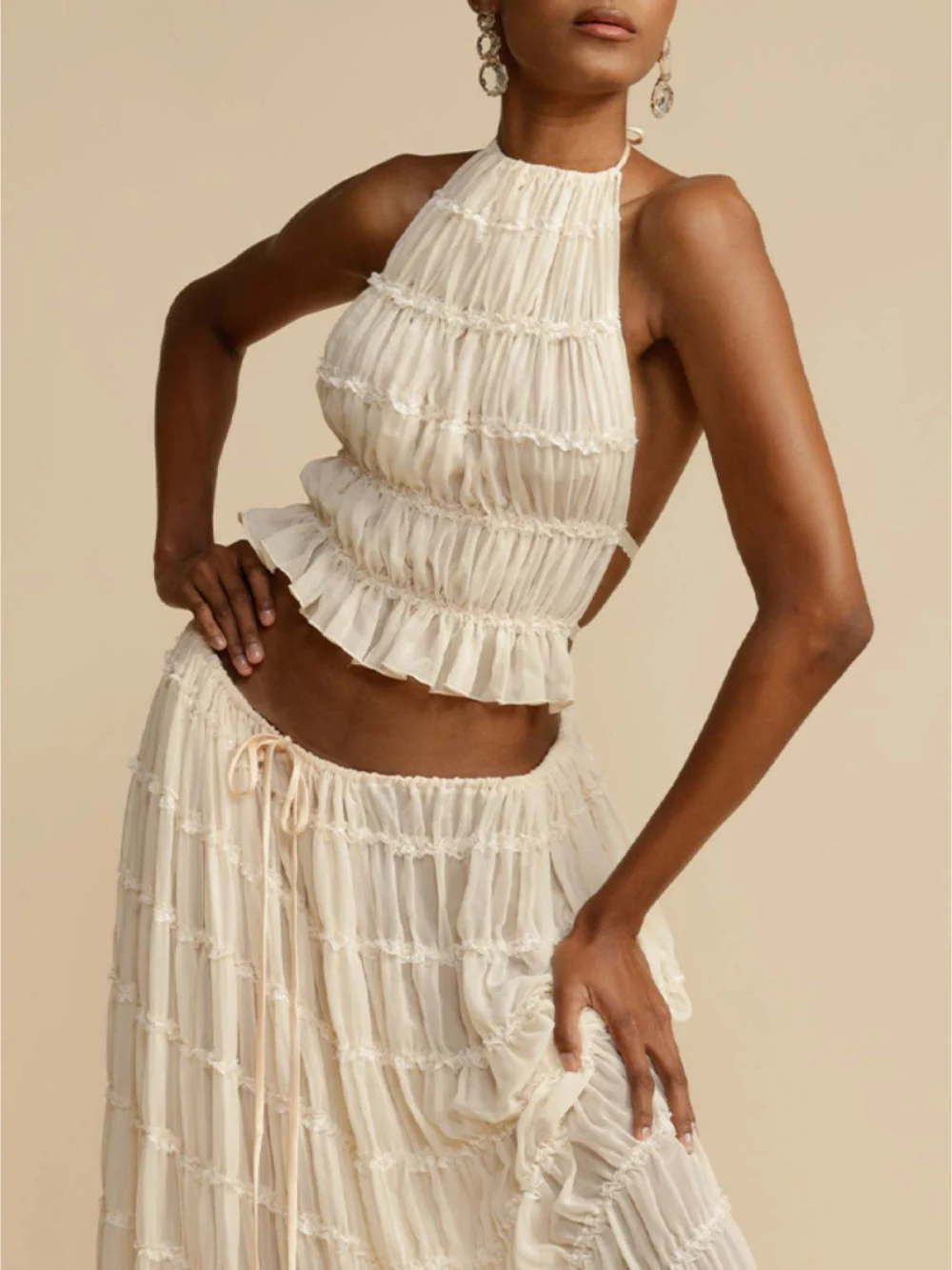 Pleated Drawstring Charm Waist Tiered Maxi Skirt - Image 6