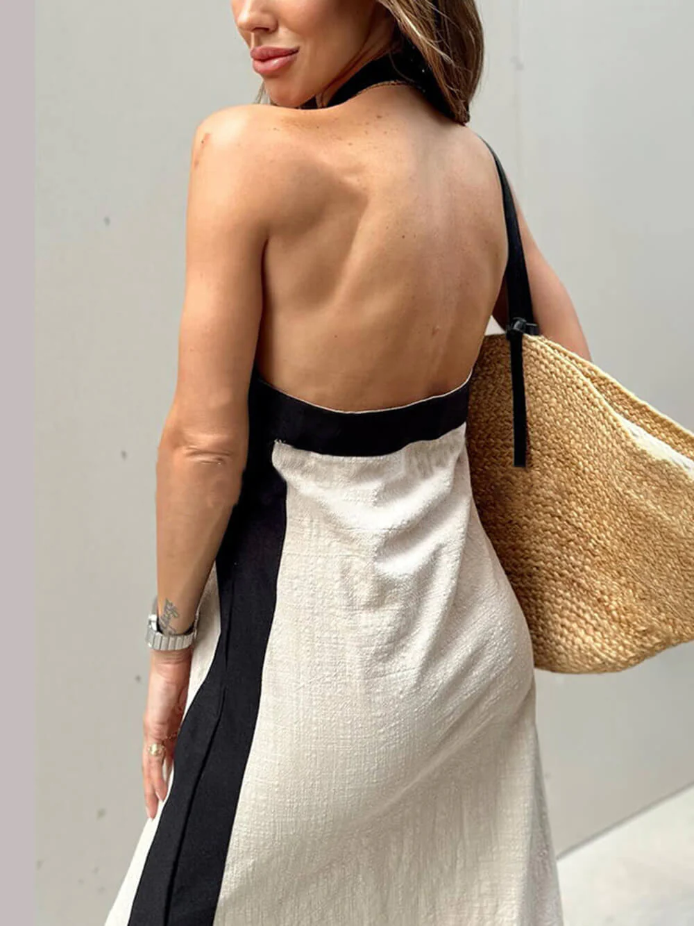 Halter Neck Slit Color Block Maxi Dress - Image 4