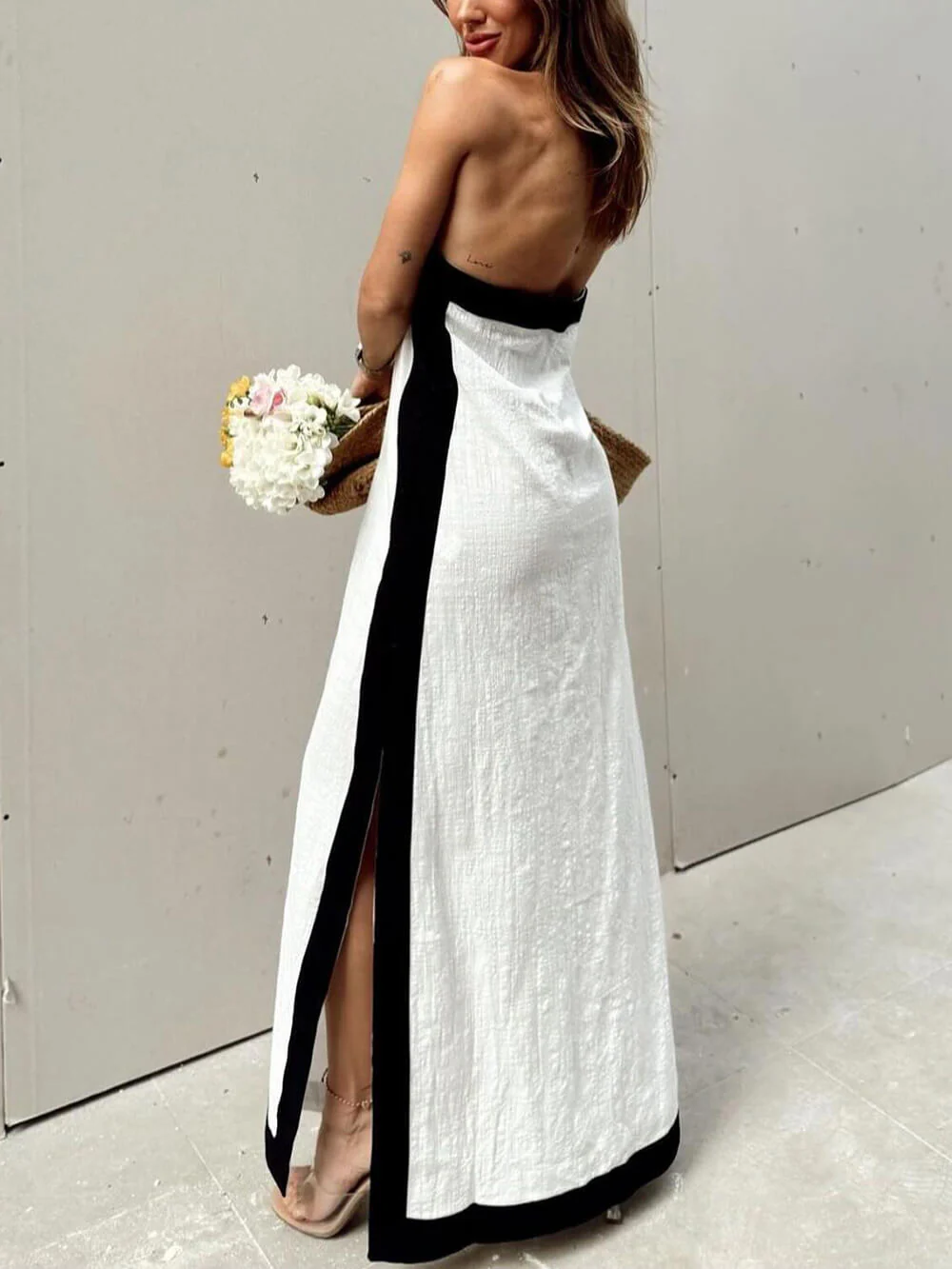 Halter Neck Slit Color Block Maxi Dress - Image 5