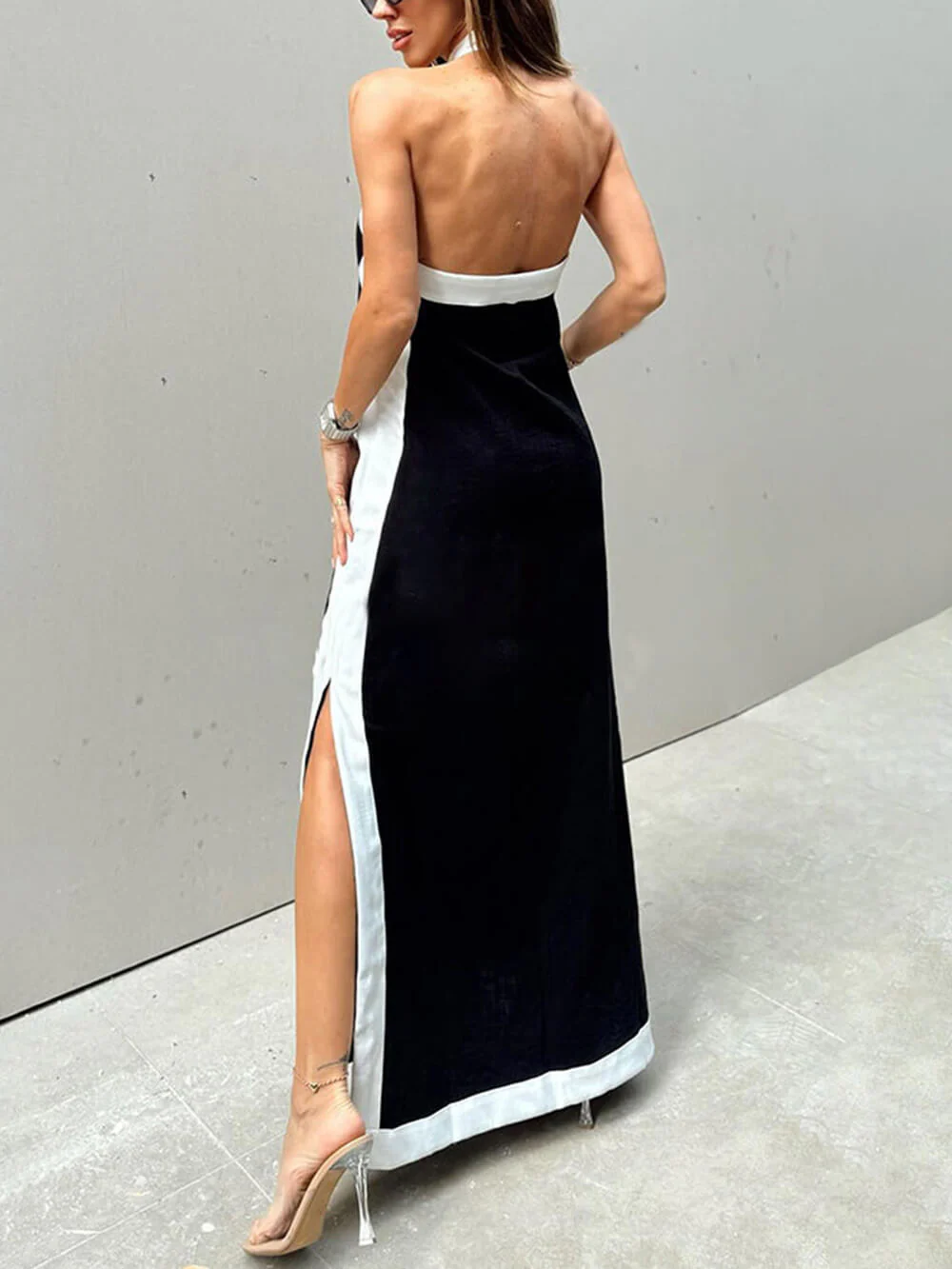 Halter Neck Slit Color Block Maxi Dress - Image 7