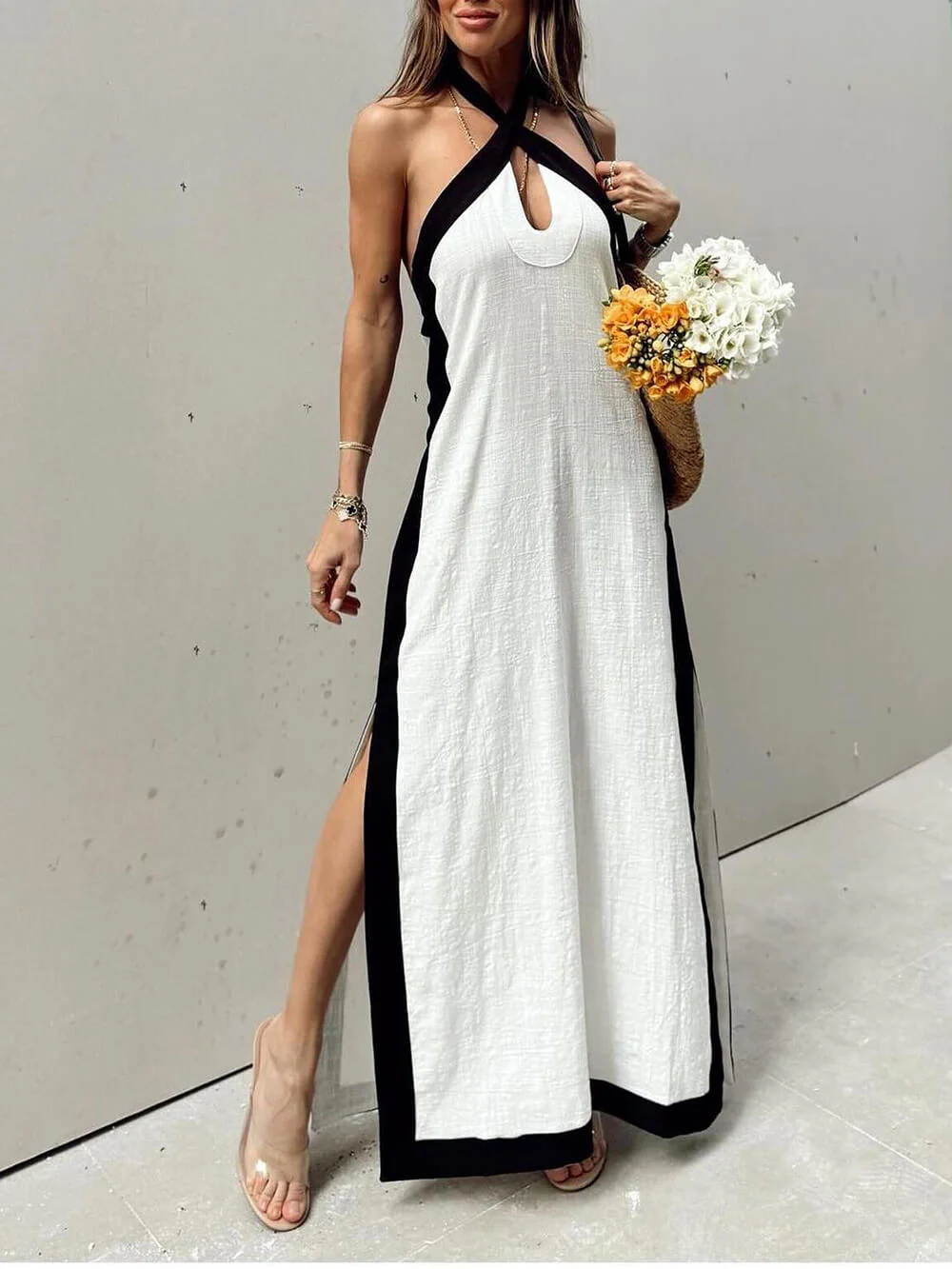 Halter Neck Slit Color Block Maxi Dress - Image 8
