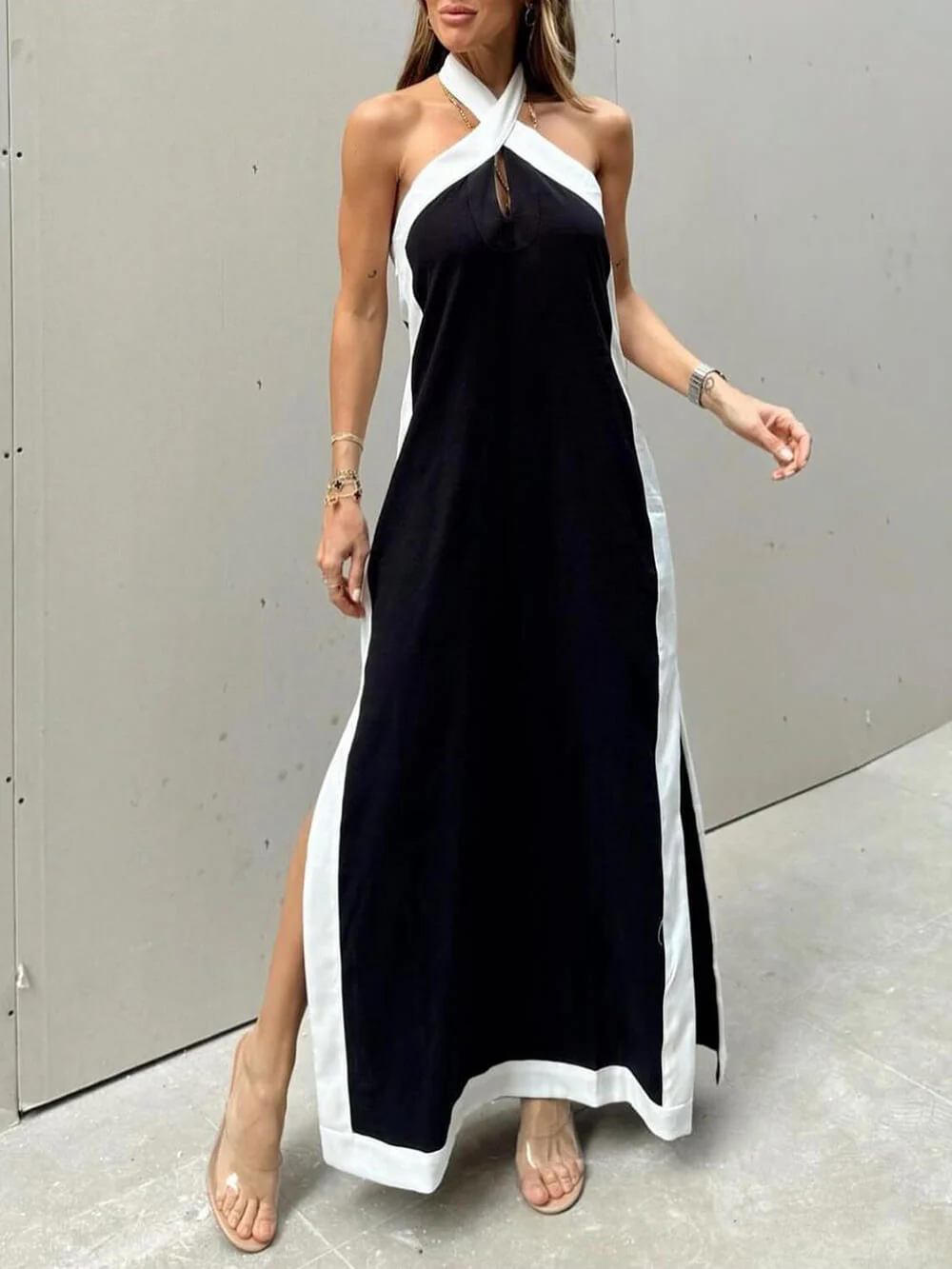 Halter Neck Slit Color Block Maxi Dress - Image 9