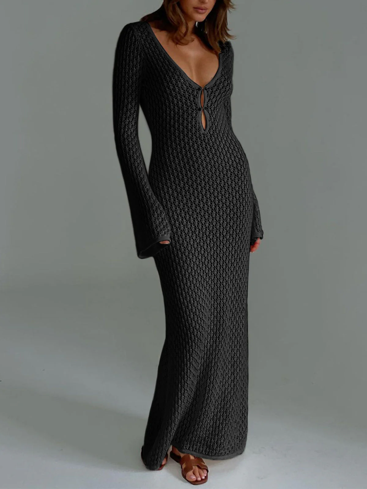 Cover Up Long Sleeve Open Back Long Dress - Image 7