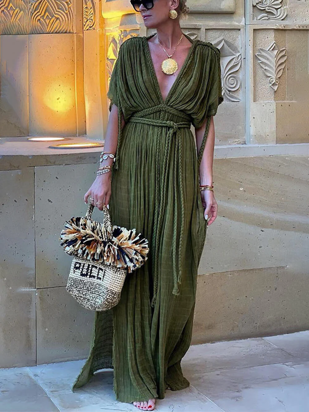 Kimono Draped Braids Cover Up Slit Maxi Dress