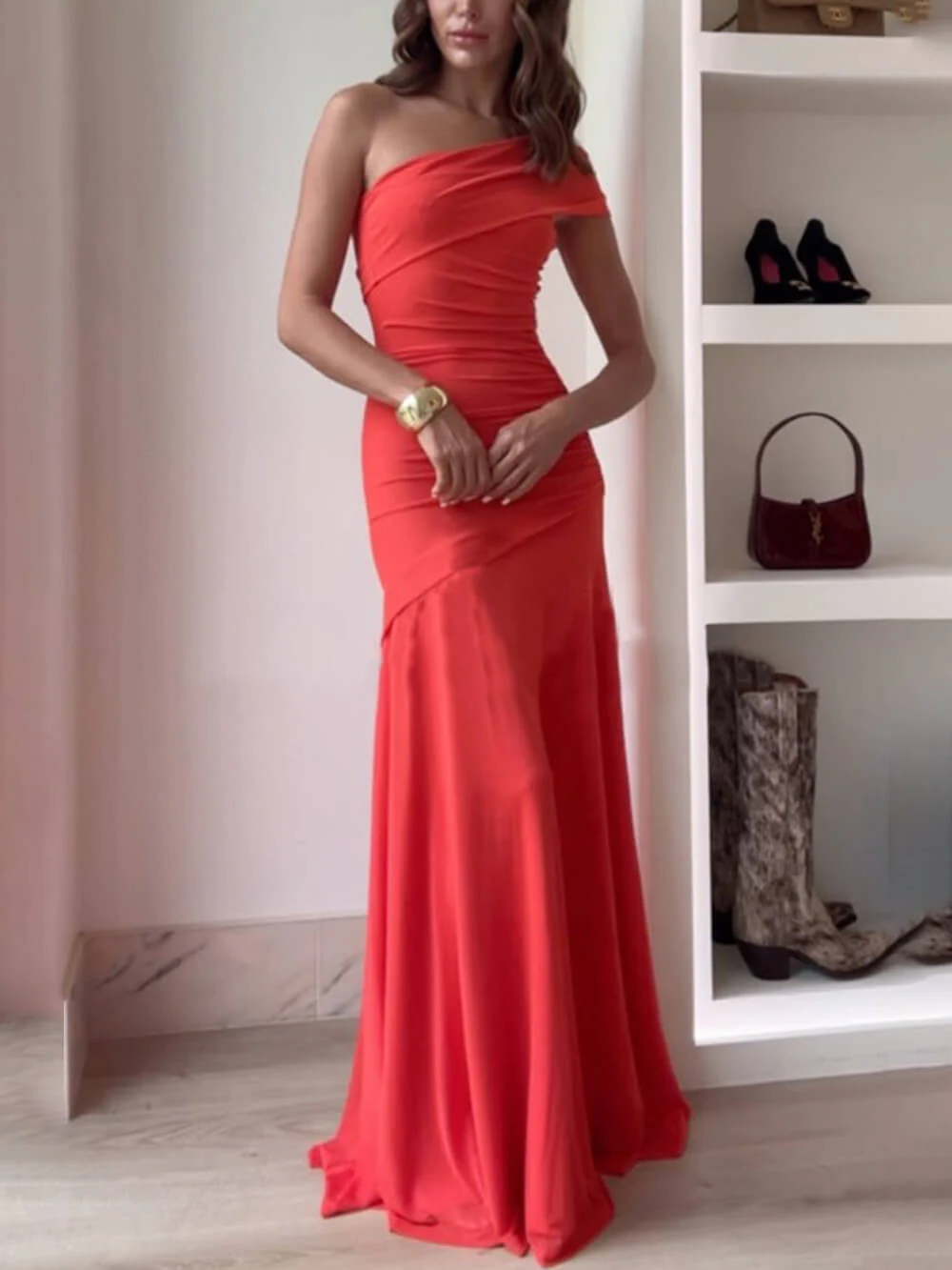 Elegance Effortless  Mesh Off Shoulder Ruched Stretch Maxi Dress - Image 2