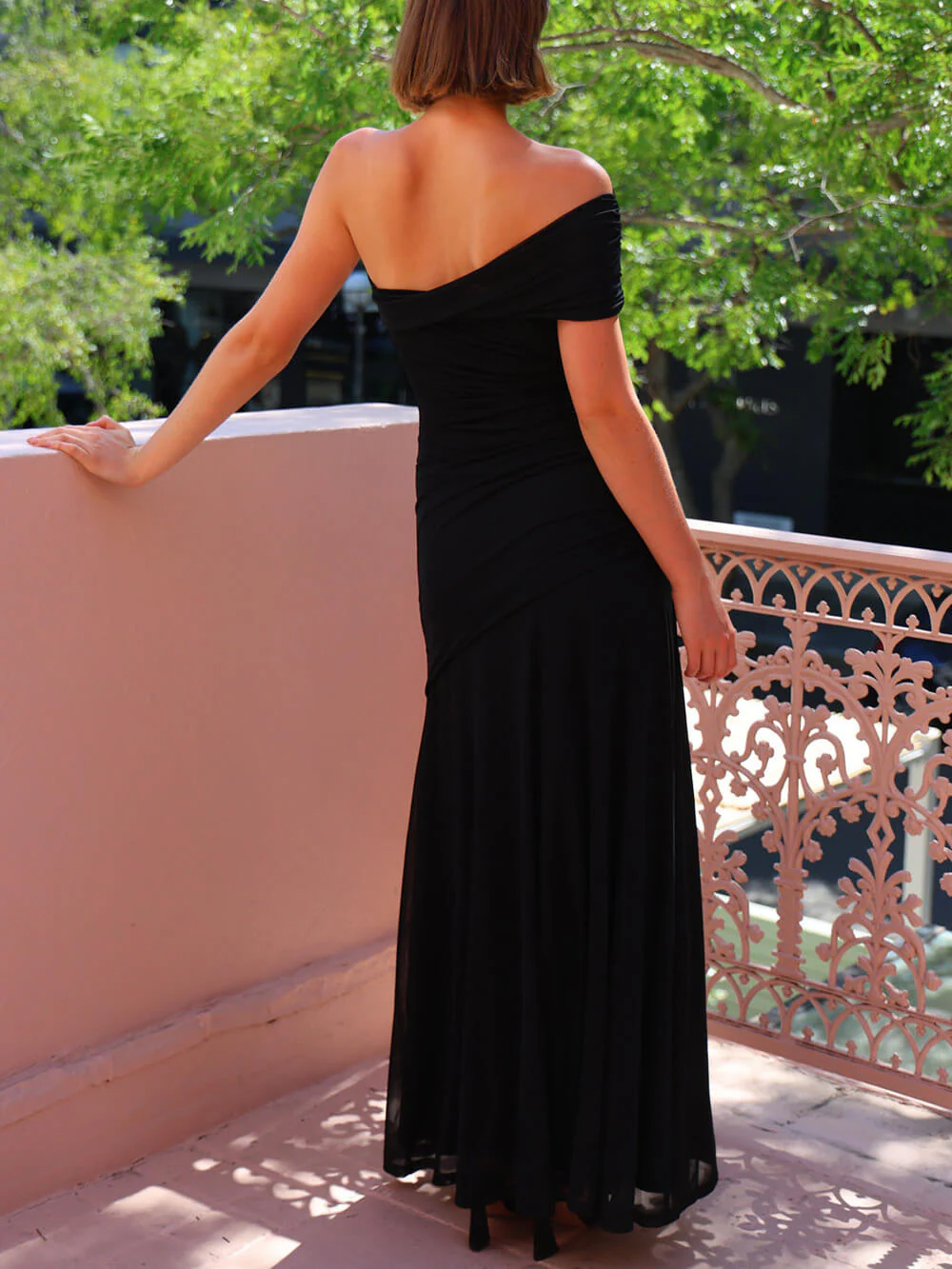 Elegance Effortless  Mesh Off Shoulder Ruched Stretch Maxi Dress - Image 8