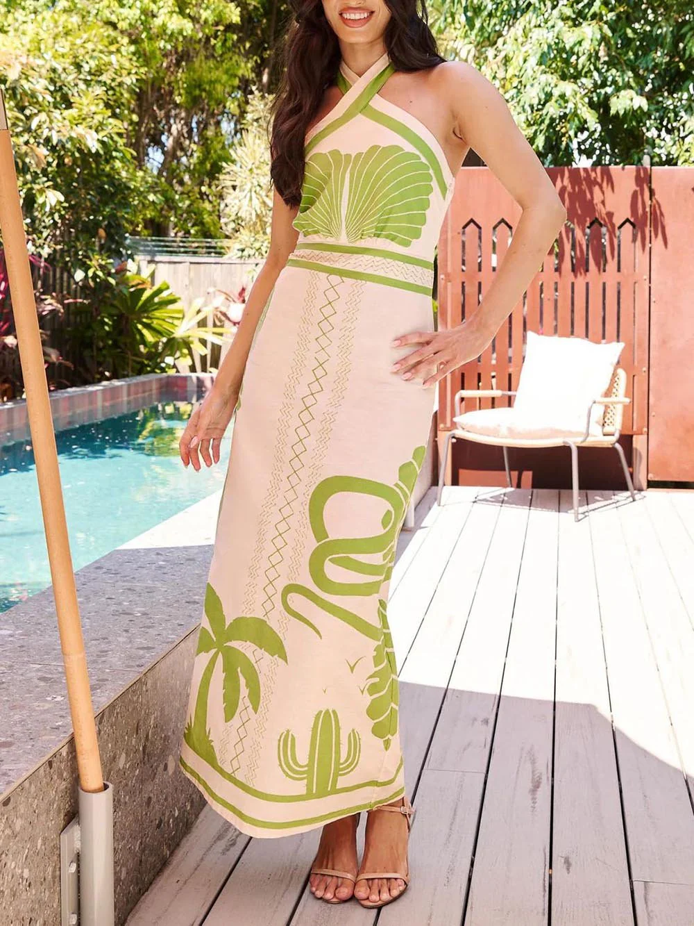 Elegant And Sexy Ethnic Print Slim-Fit Halter Neck Maxi Dress - Image 5