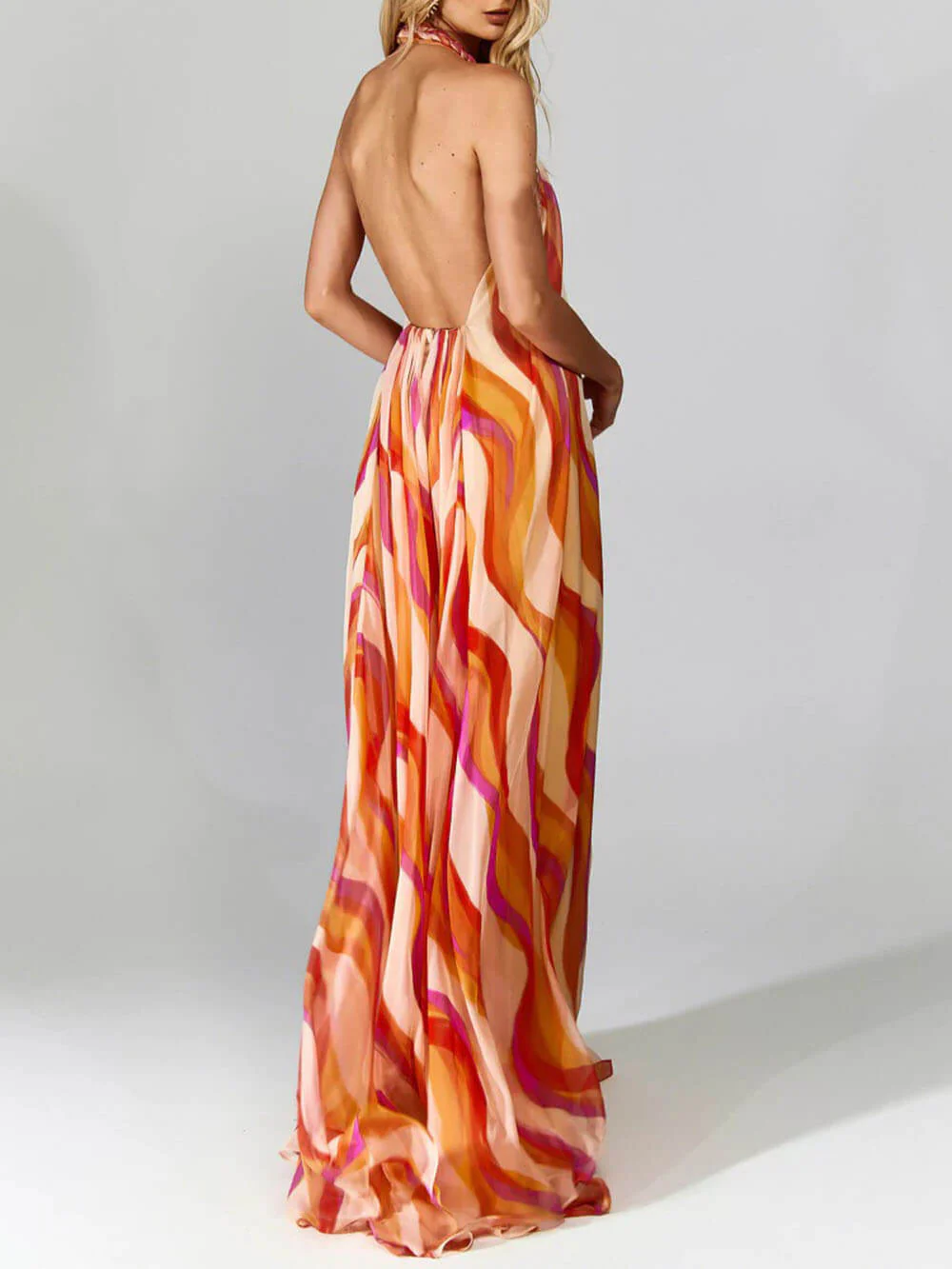 Elegant Braided Halterneck Wave Print Maxi Dress - Image 2