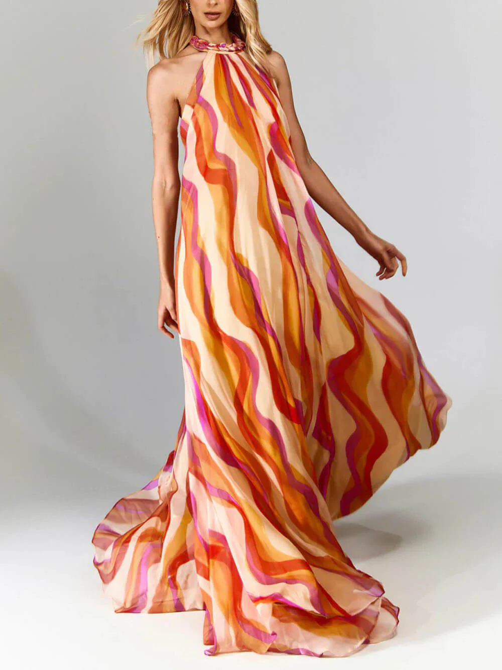 Elegant Braided Halterneck Wave Print Maxi Dress - Image 3