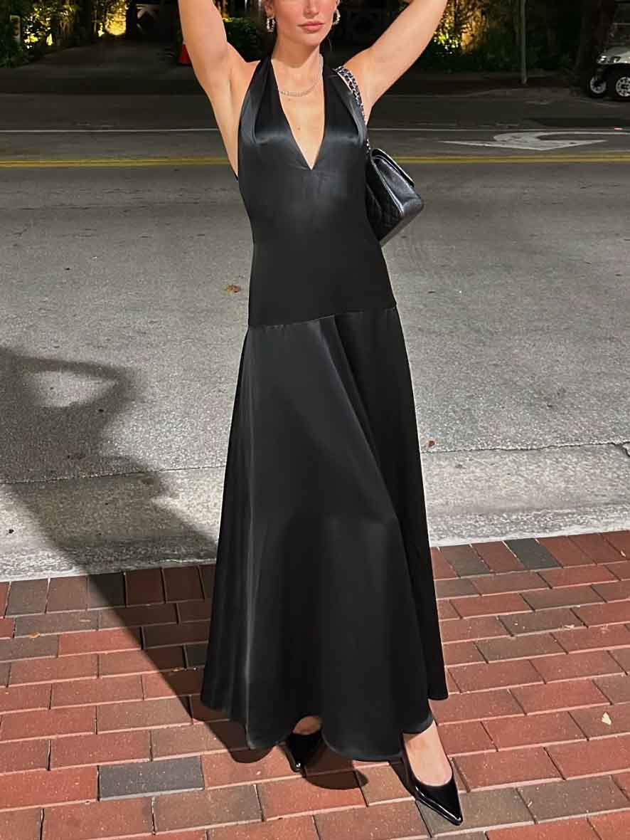 Elegant Deep V Neck Halter Maxi Dress - Image 2