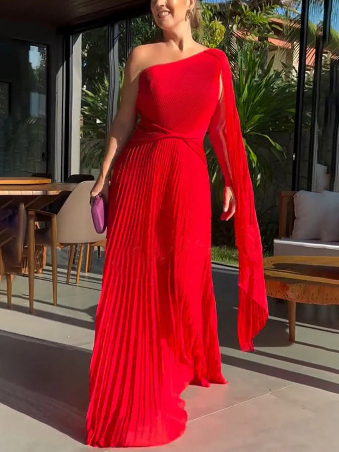 Elegant Flowing Pleated Off-the-Shoulder Maxi Dress - Image 9