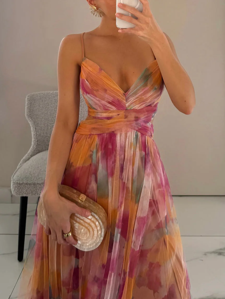 Elegant Painted Floral Print V-Neck A-Line Maxi Dress - Image 2
