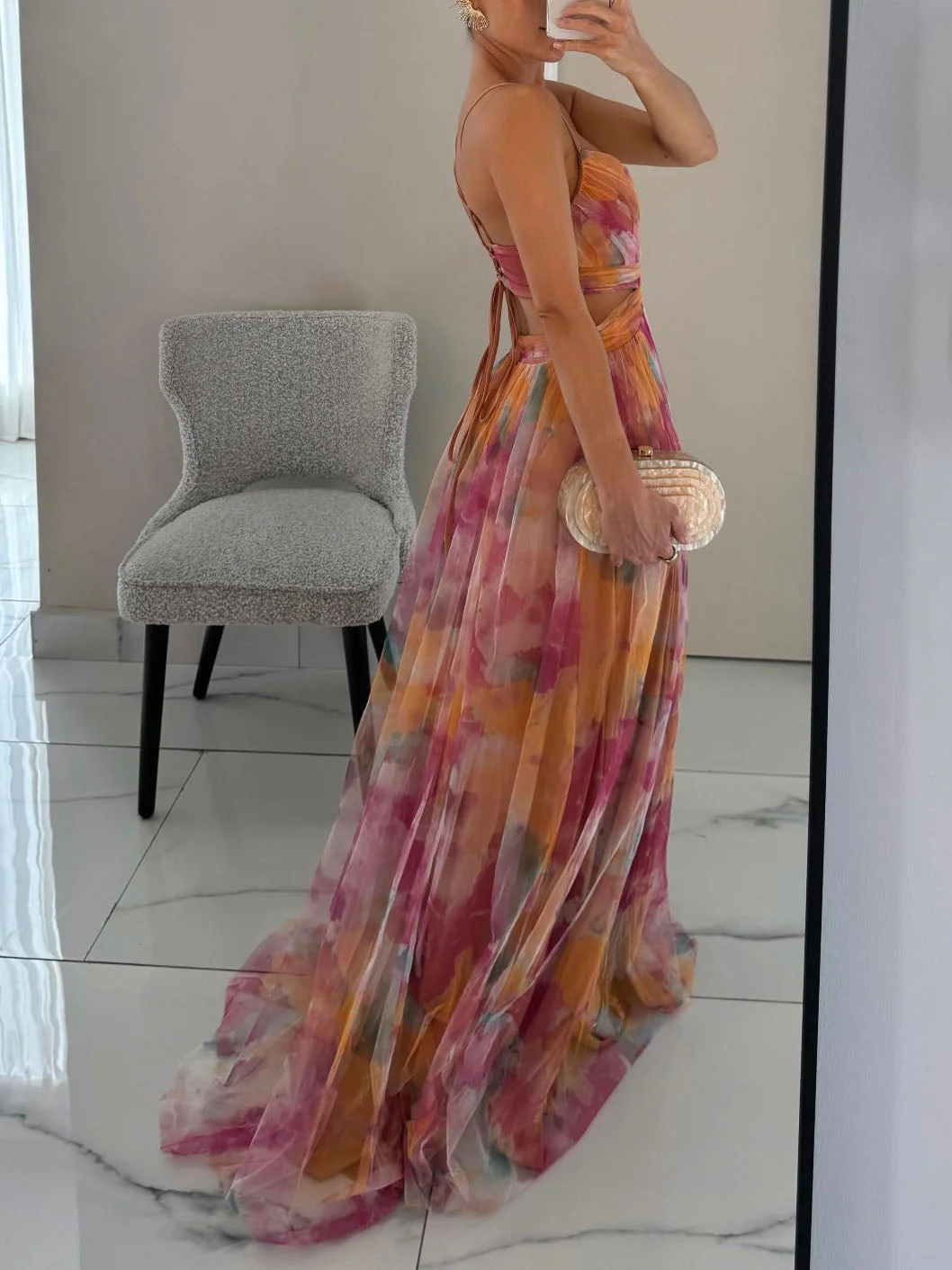 Elegant Painted Floral Print V-Neck A-Line Maxi Dress - Image 4