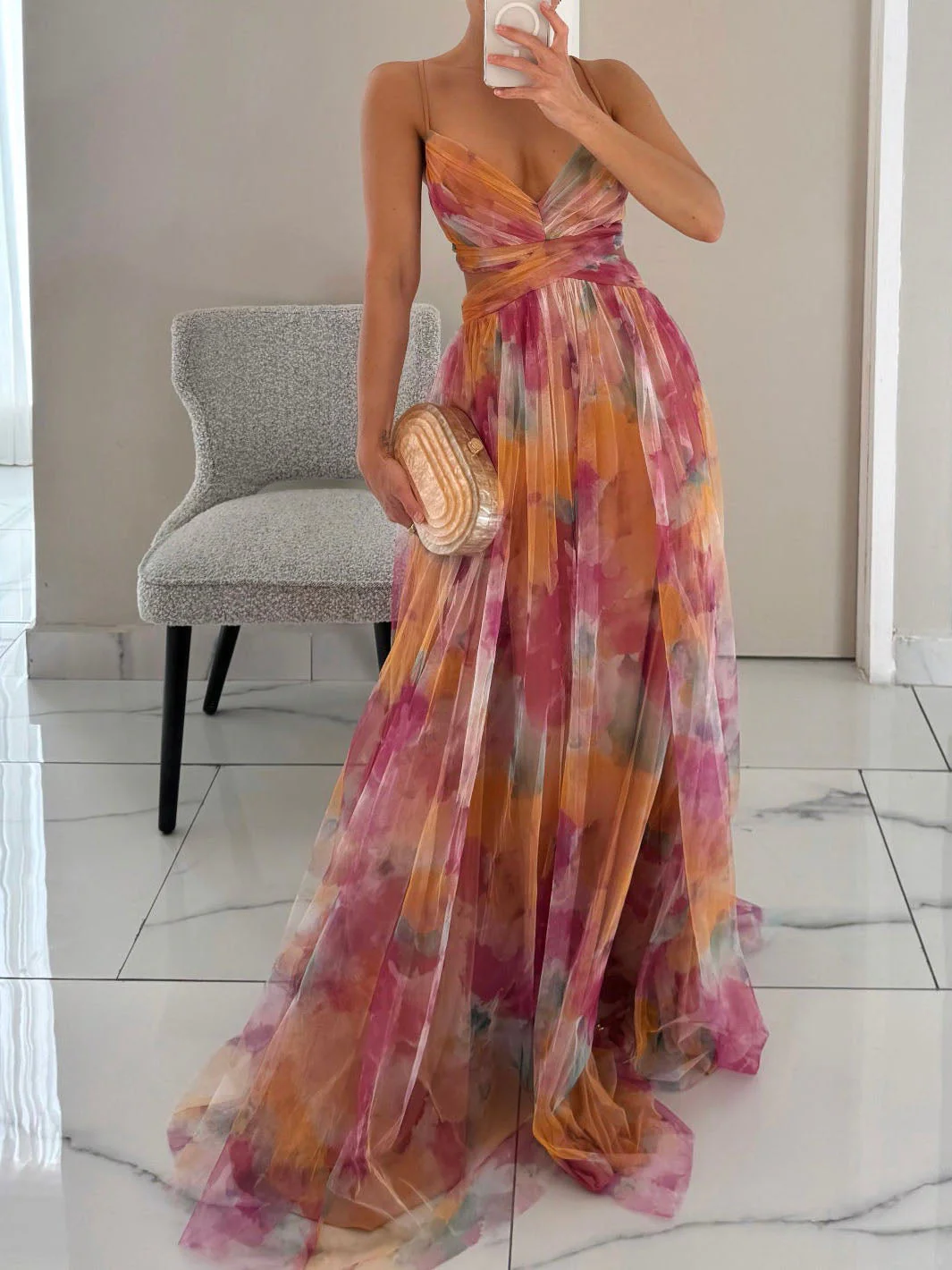 Elegant Painted Floral Print V-Neck A-Line Maxi Dress - Image 5