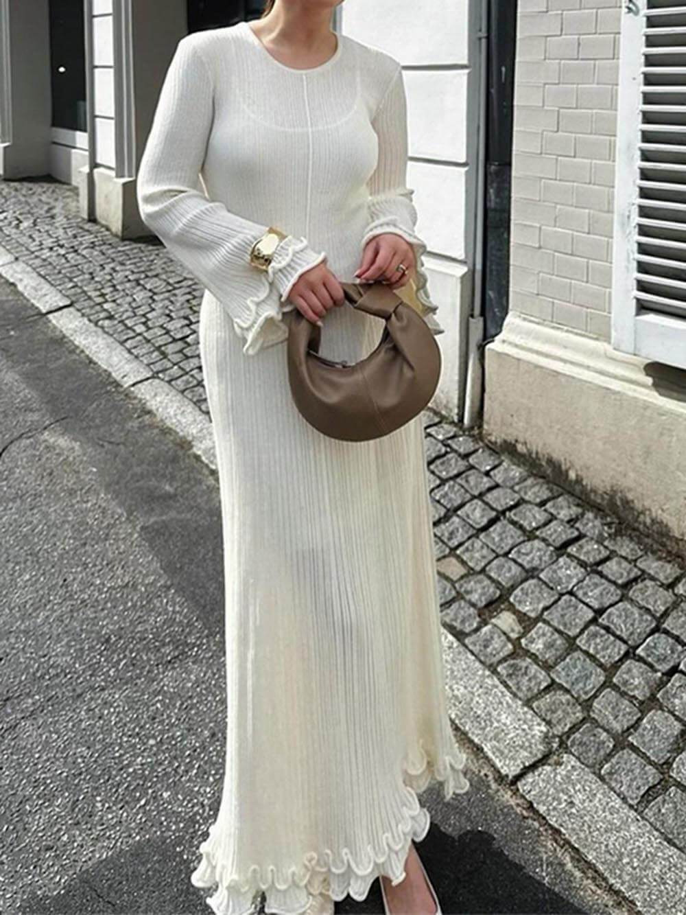 Elegant Trumpet Sleeves Rolled Hem Knitted Round Neck Maxi Dress - Image 6