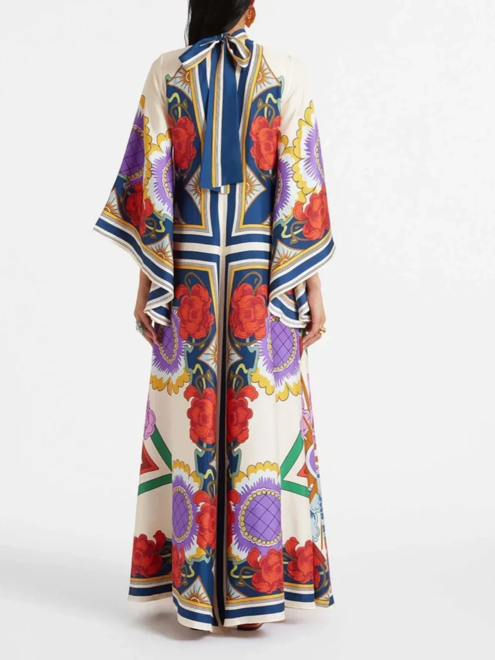 Exquisite Floral Print Draped Waterfall Sleeves Maxi Dress - Image 2