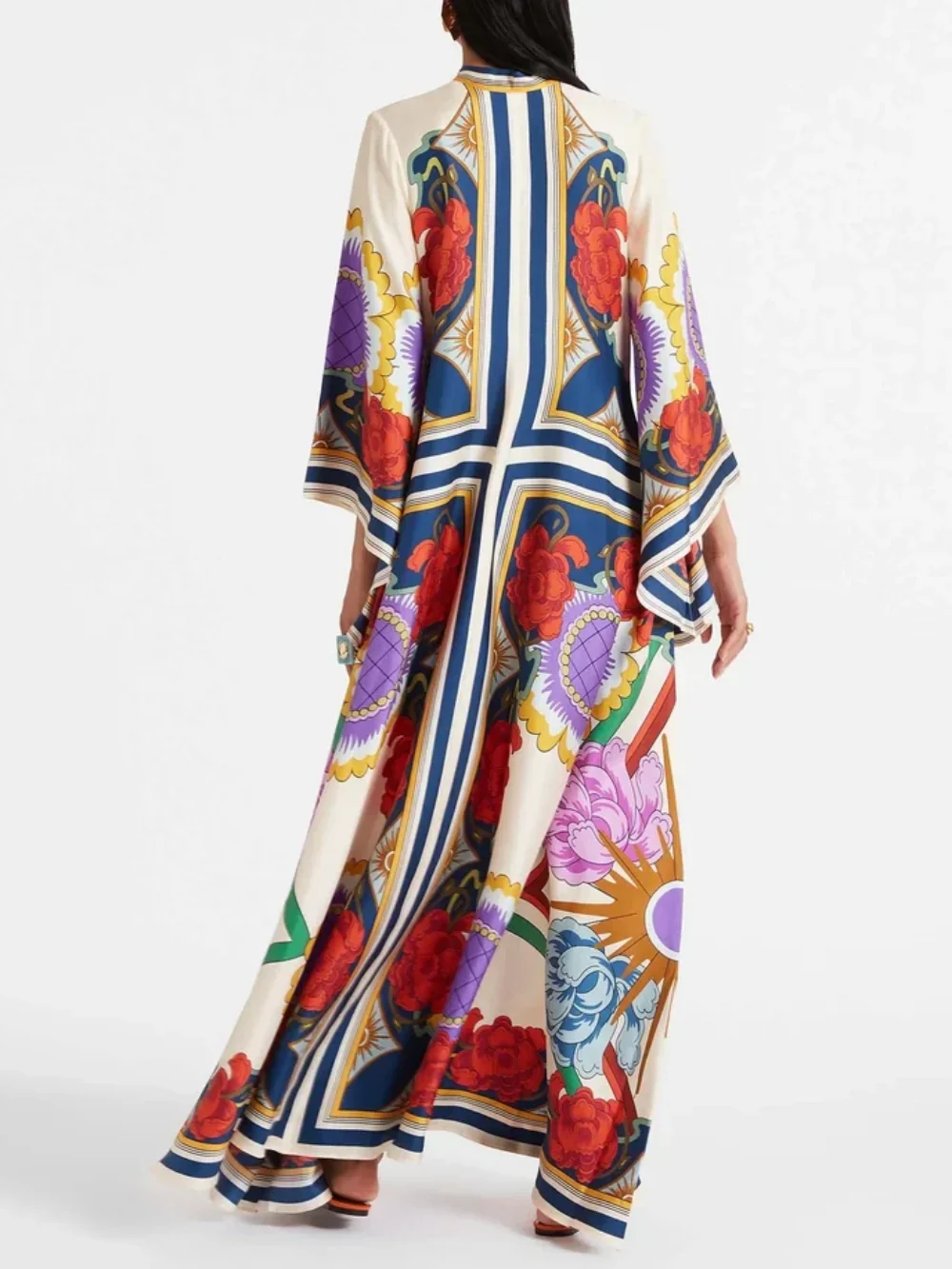 Exquisite Floral Print Draped Waterfall Sleeves Maxi Dress - Image 5