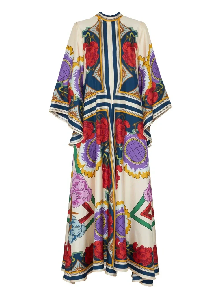 Exquisite Floral Print Draped Waterfall Sleeves Maxi Dress - Image 7
