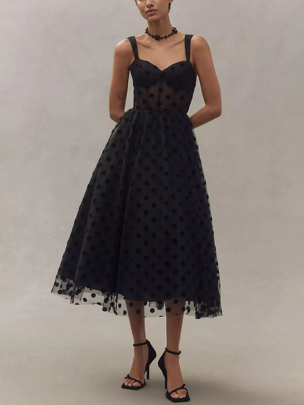 Exquisite Perfect Tulle Polka Dot Sweetheart Bustier A-Line Midi Dress - Image 2