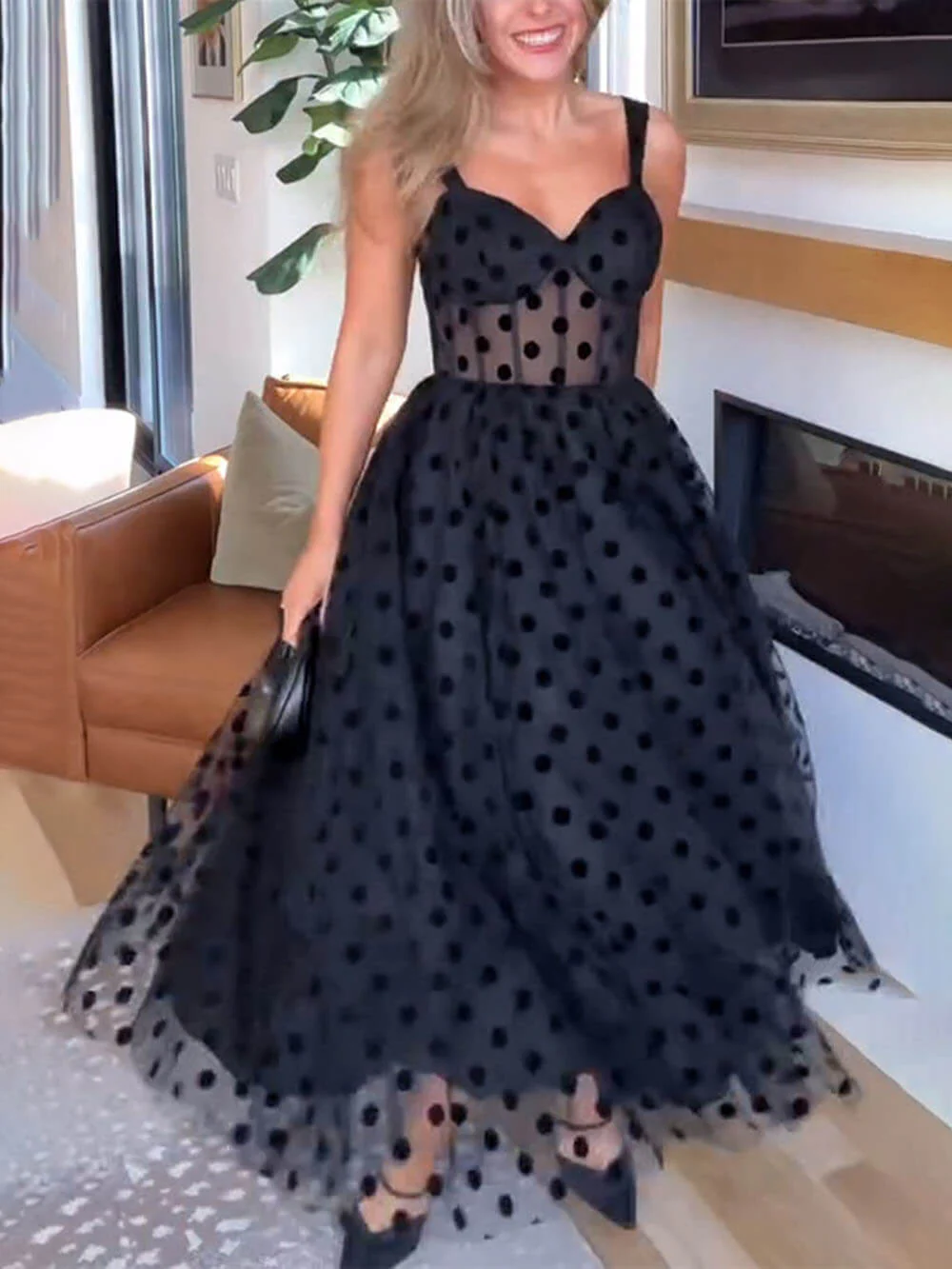 Exquisite Perfect Tulle Polka Dot Sweetheart Bustier A-Line Midi Dress - Image 3