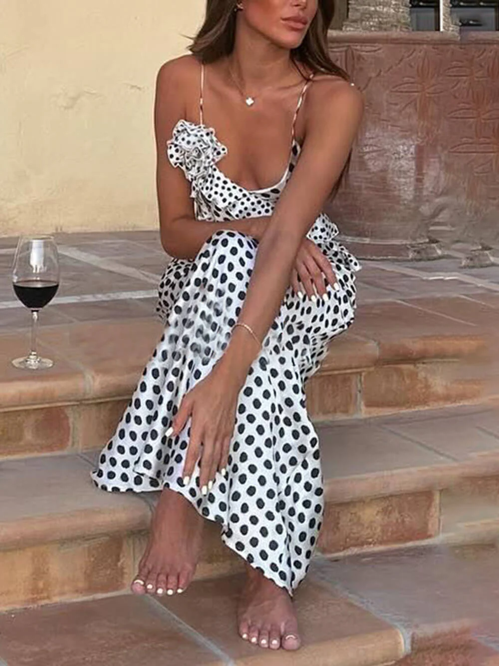Polka Dot Print Fantasy Guipure Ruffled Suspender Maxi  Dress - Image 2