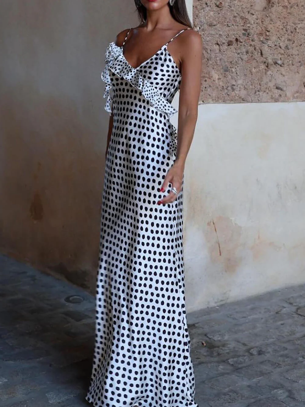 Polka Dot Print Fantasy Guipure Ruffled Suspender Maxi  Dress - Image 3