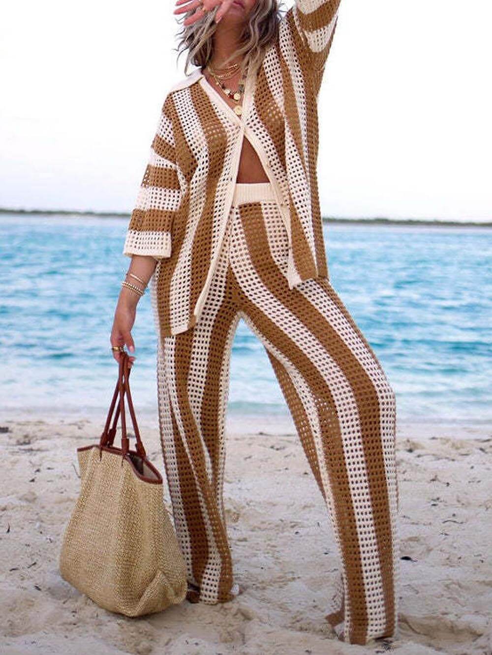 Loose V-Neck Fashion Hollow Out Striped Shirt Wide Leg Pants Set - Image 2