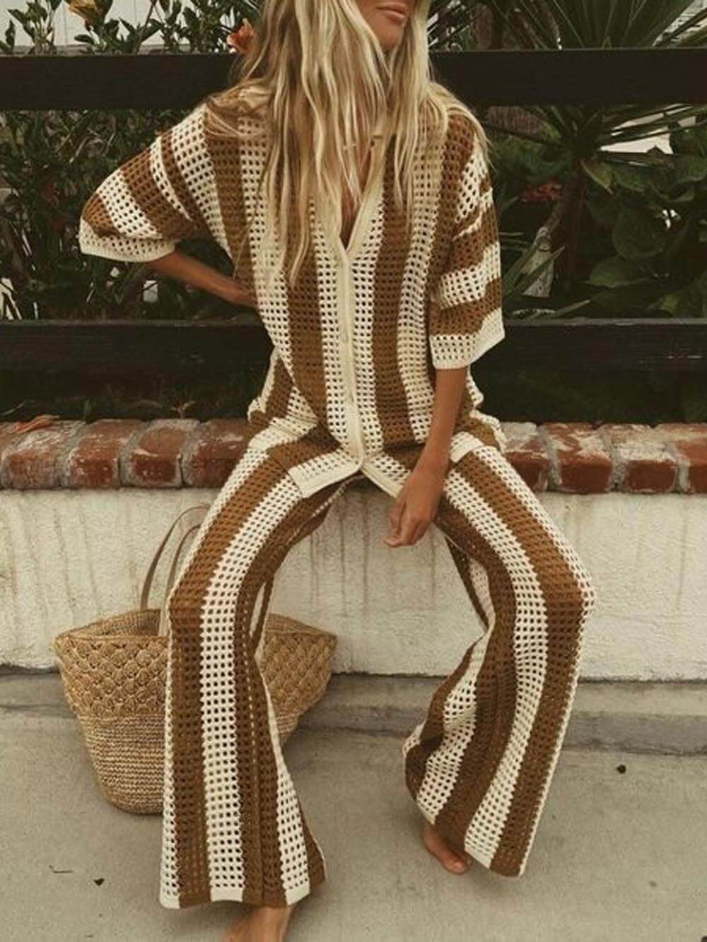Loose V-Neck Fashion Hollow Out Striped Shirt Wide Leg Pants Set - Image 5