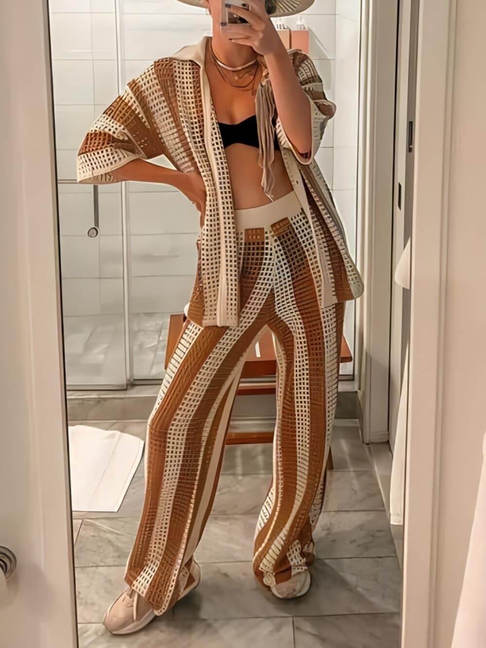 Loose V-Neck Fashion Hollow Out Striped Shirt Wide Leg Pants Set - Image 6