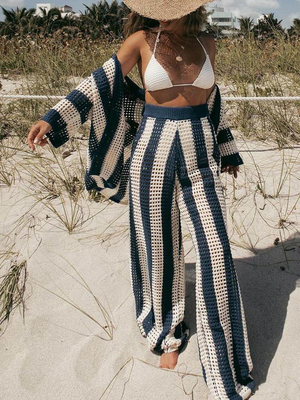 Loose V-Neck Fashion Hollow Out Striped Shirt Wide Leg Pants Set - Image 9