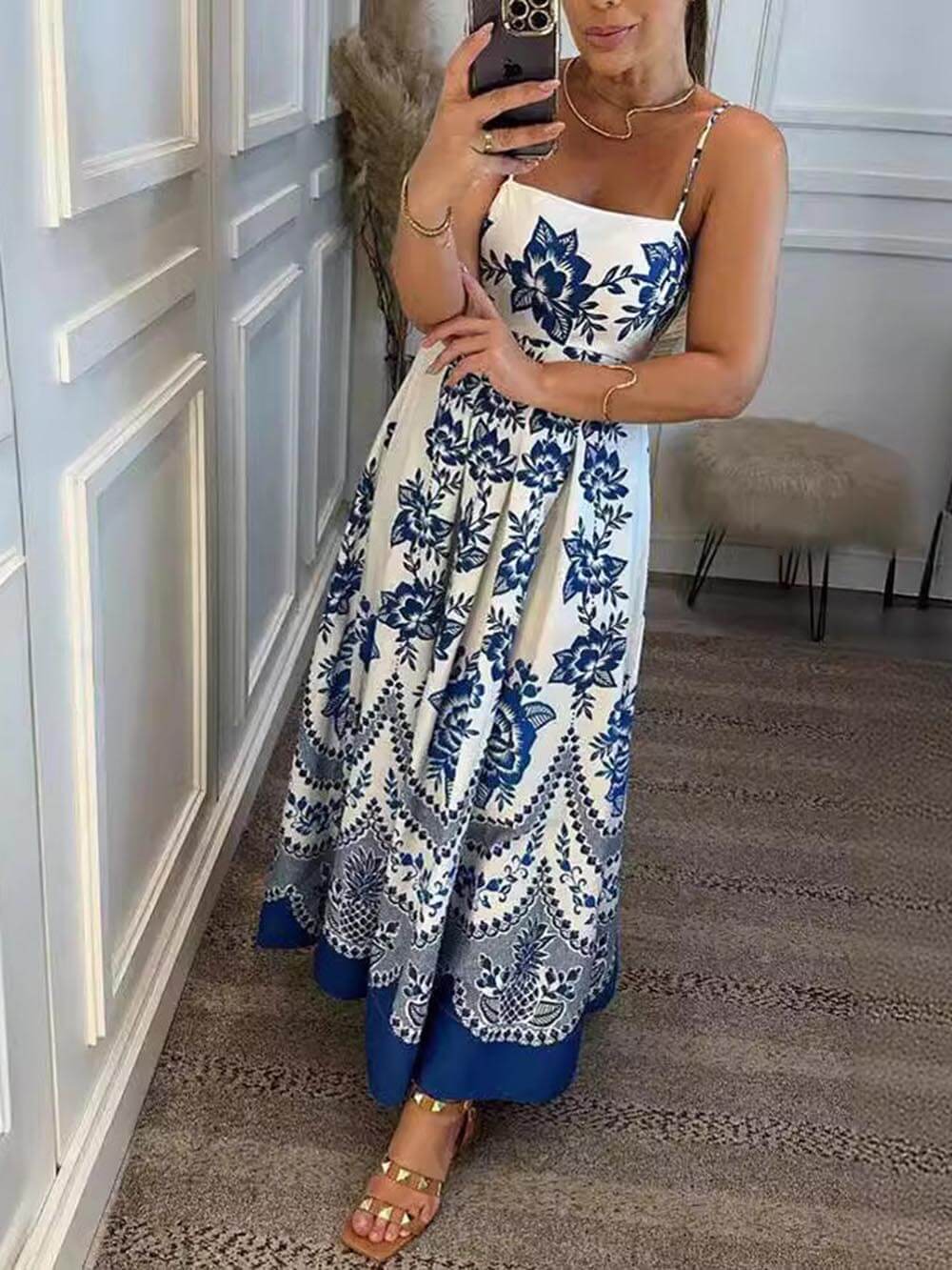 Ethnic Floral Print Back Smocked Loose Midi Dress - Image 2