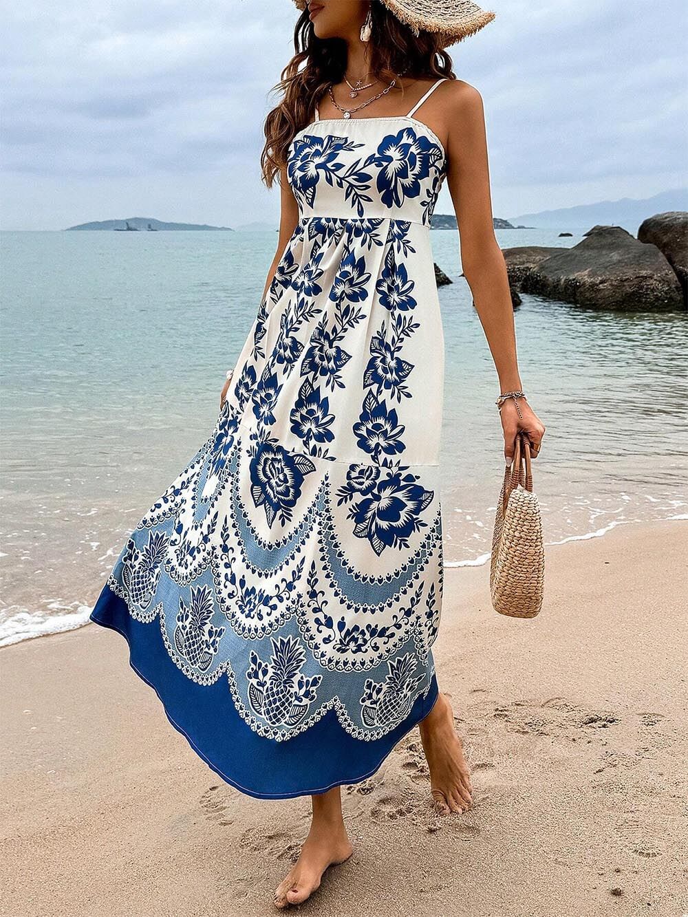 Ethnic Floral Print Back Smocked Loose Midi Dress - Image 4