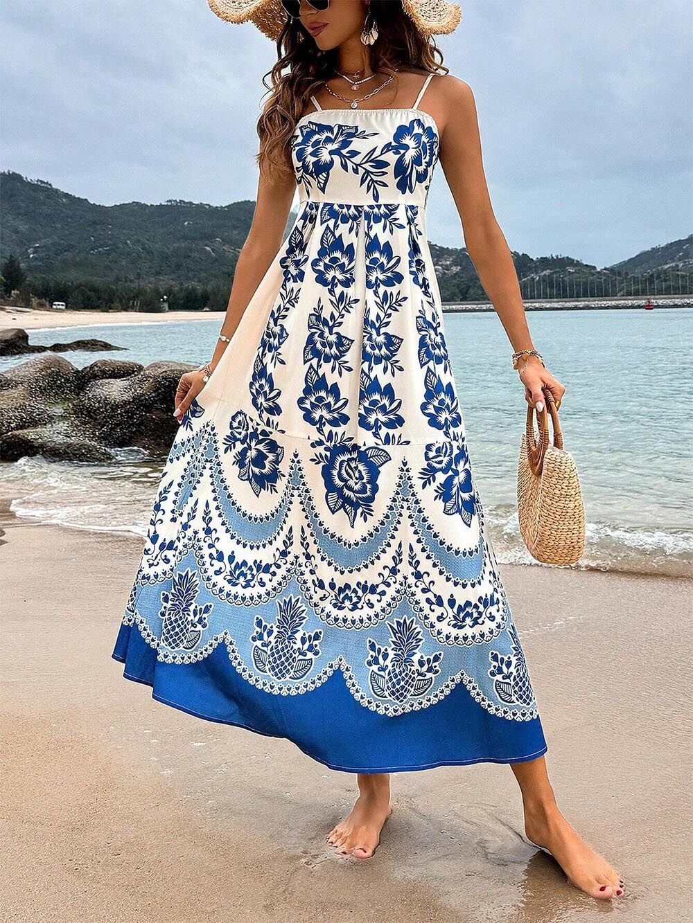 Ethnic Floral Print Back Smocked Loose Midi Dress - Image 5