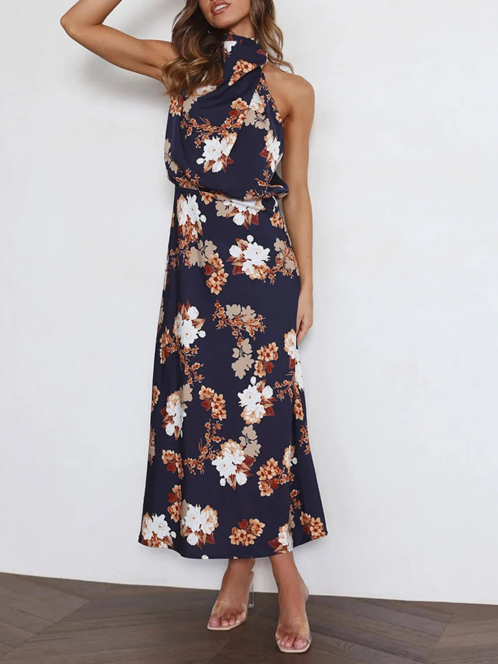 Halter Neck Floral Elastic Waist Maxi Dress - Image 11