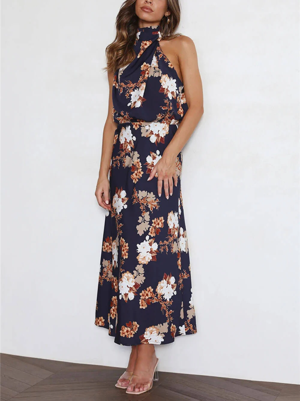 Halter Neck Floral Elastic Waist Maxi Dress - Image 12