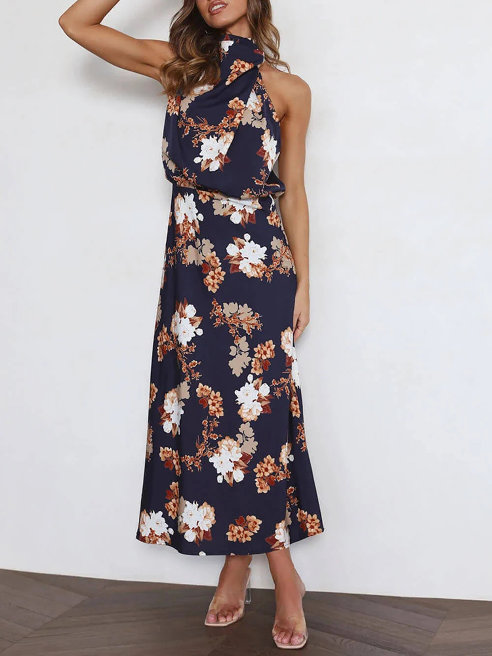 Halter Neck Floral Elastic Waist Maxi Dress - Image 13