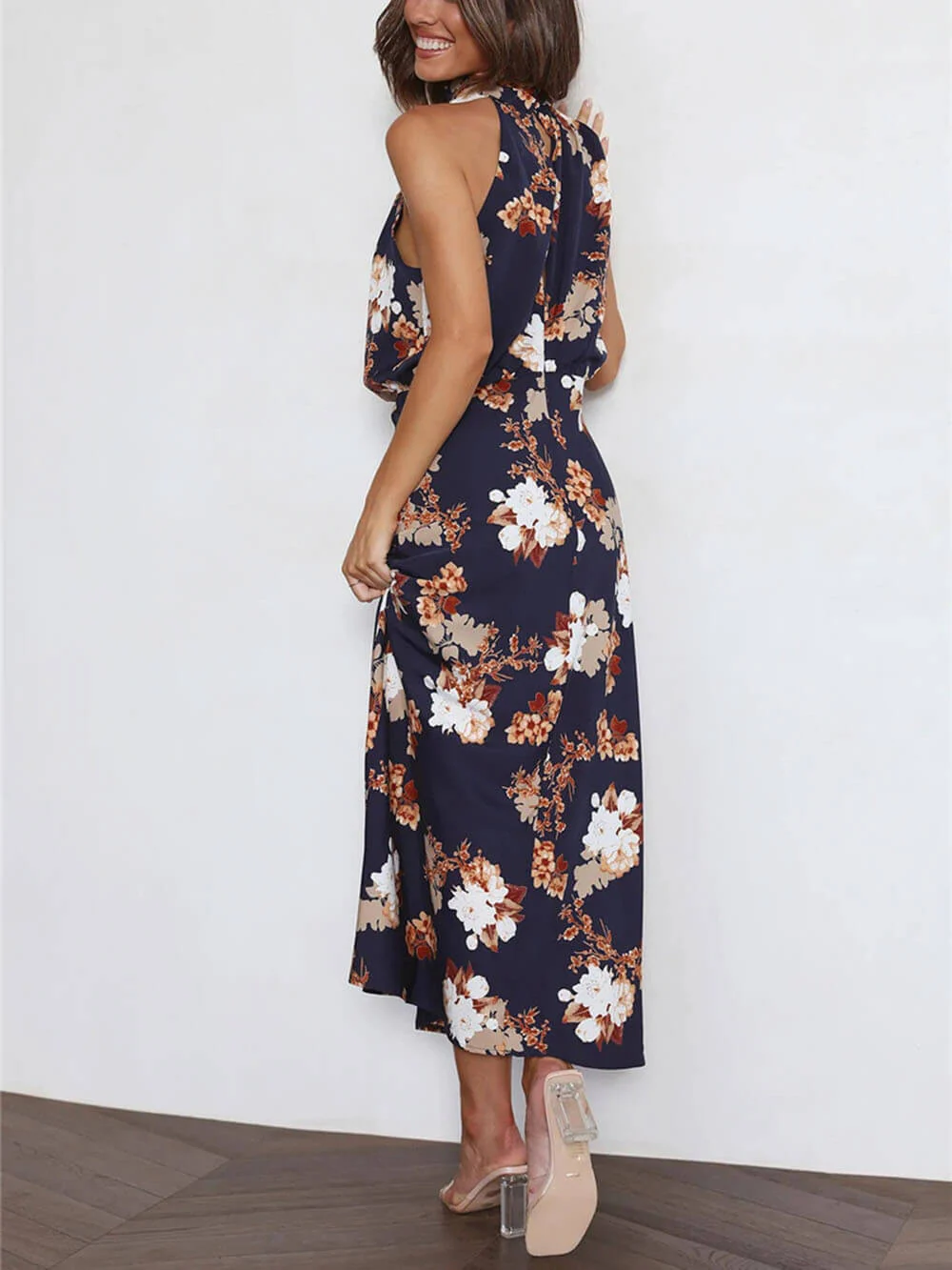 Halter Neck Floral Elastic Waist Maxi Dress - Image 14