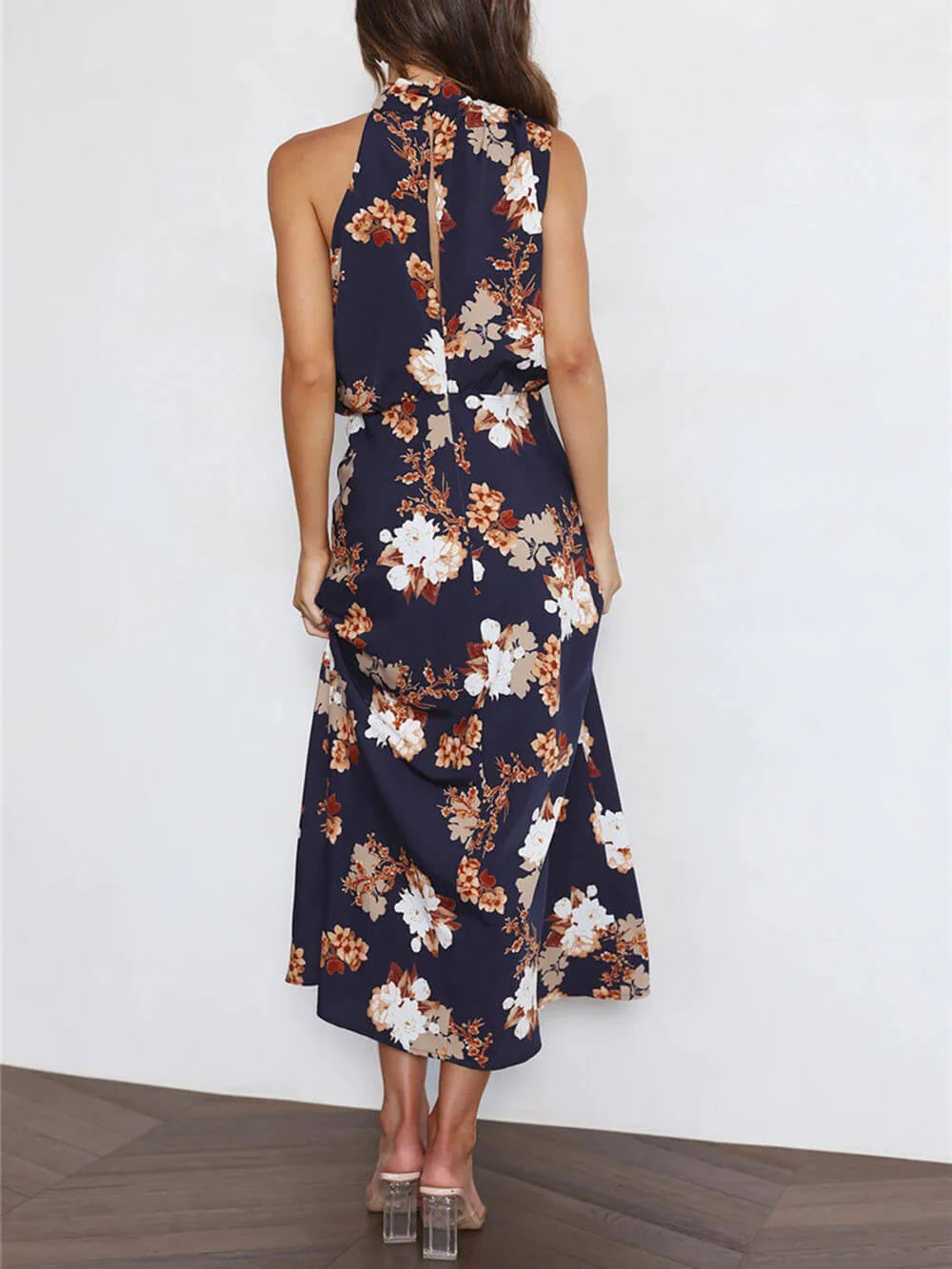 Halter Neck Floral Elastic Waist Maxi Dress - Image 15