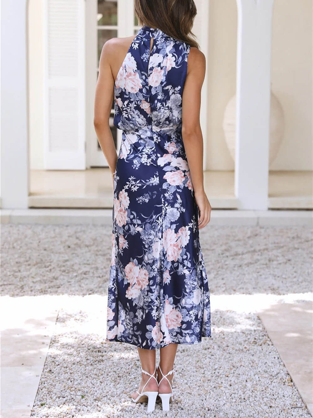 Halter Neck Floral Elastic Waist Maxi Dress - Image 18