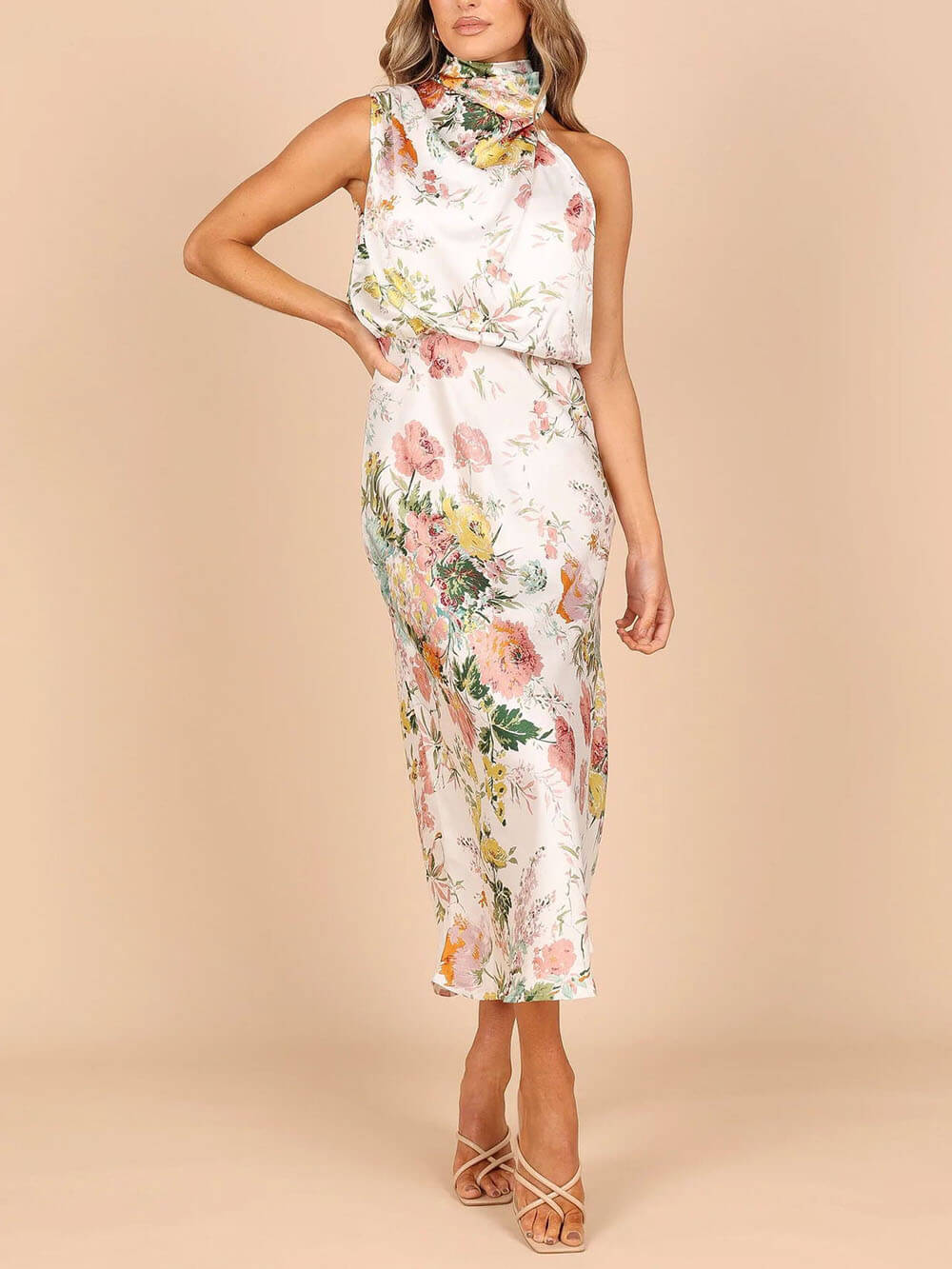 Halter Neck Floral Elastic Waist Maxi Dress - Image 2
