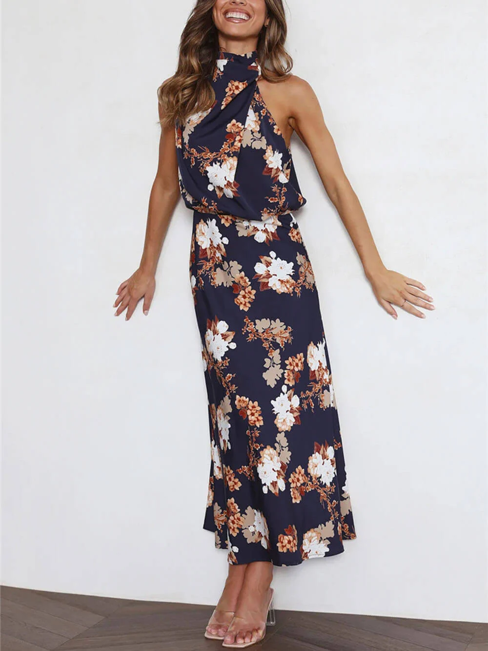 Halter Neck Floral Elastic Waist Maxi Dress - Image 21